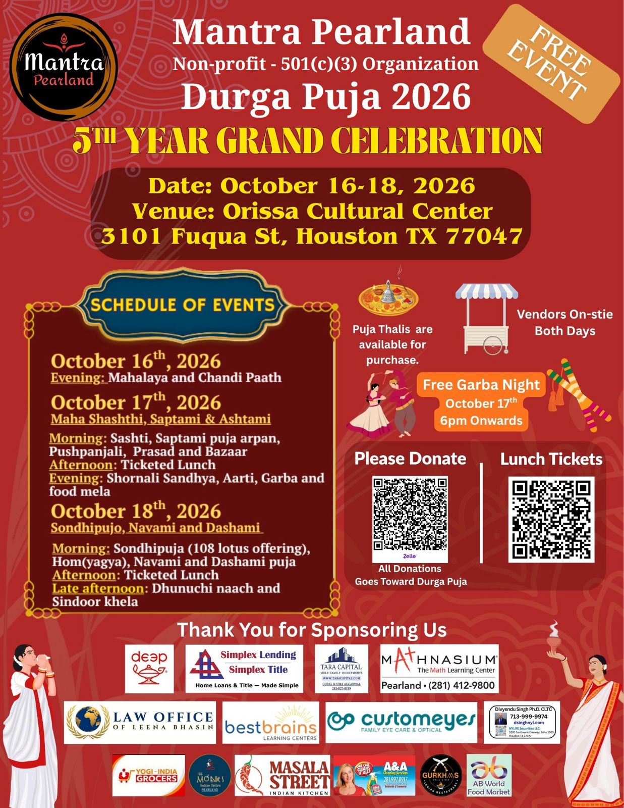 Mantra Pearland Durga Pujo Lunch Packages 2026
